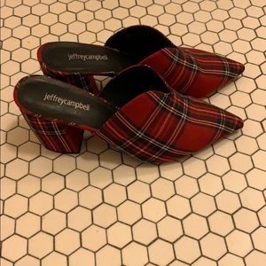 Jeffery Campbell red plaid mules